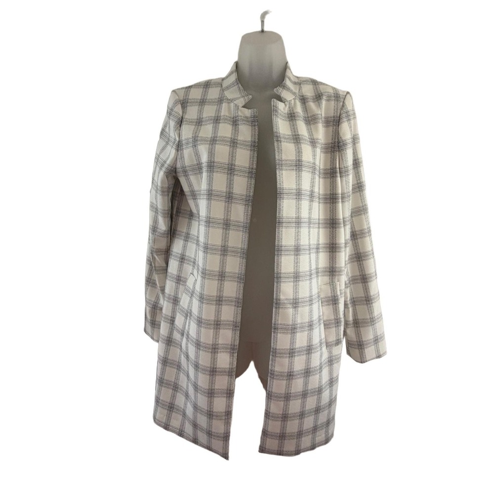 Carolina Belle Coat Womens Medium White Plaid Crepe Open Front Overcoat Minimal - Picture 8 of 16